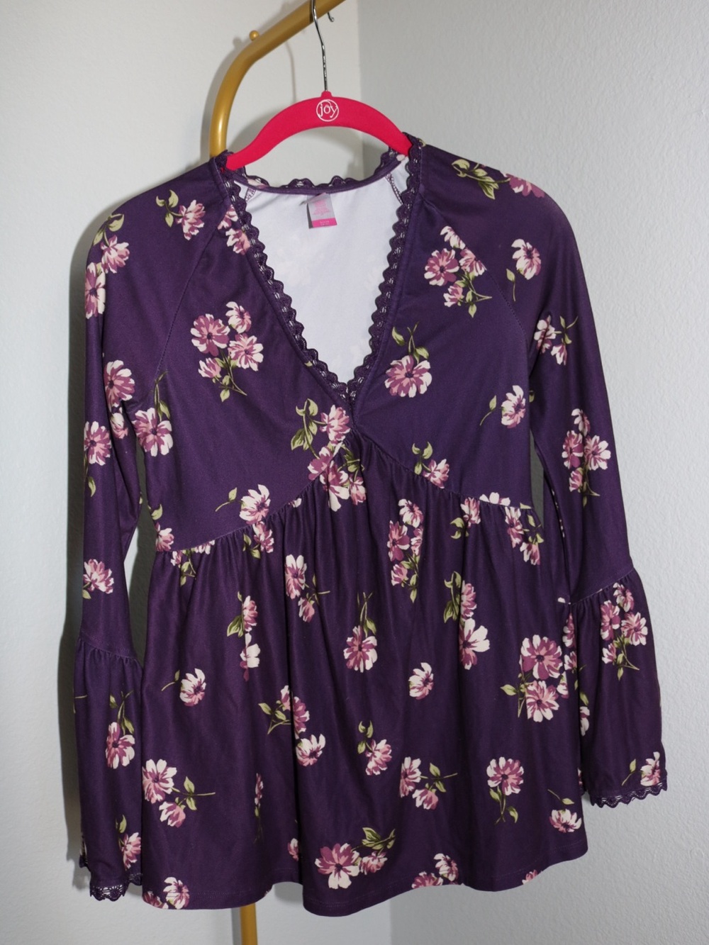 No Boundaries Purple Floral Babydoll Bell Sleeve Top Small Y2K Boho Fairy Grunge